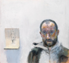 Self portrait with flyer, oil on canvas, 21 x 23 cm, 2015